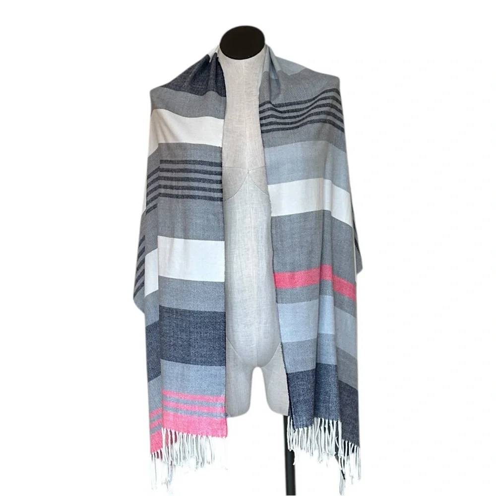 NEW | GAP Striped Scarf Wrap Blanket Fringe Pink White Gray Blue